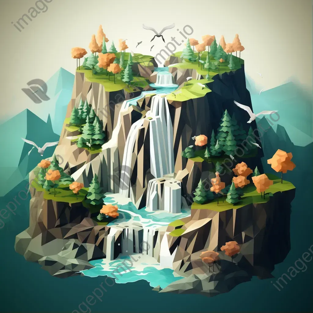 Isometric view of a low poly waterfall landscape with steep cliffs and vibrant foliage - Image 1