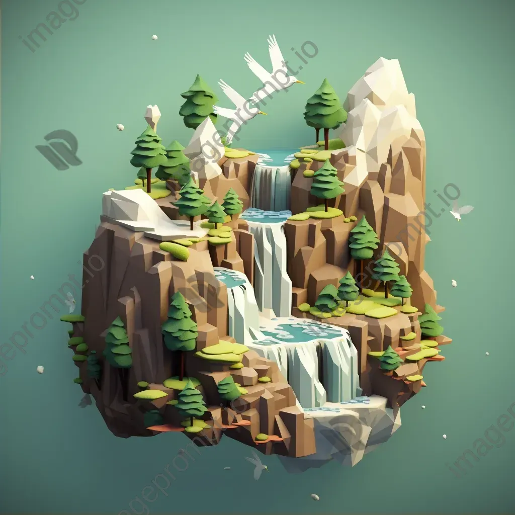 Isometric view of a low poly waterfall landscape with steep cliffs and vibrant foliage - Image 2