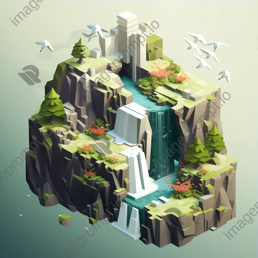 Isometric view of a low poly waterfall landscape with steep cliffs and vibrant foliage - Image 3