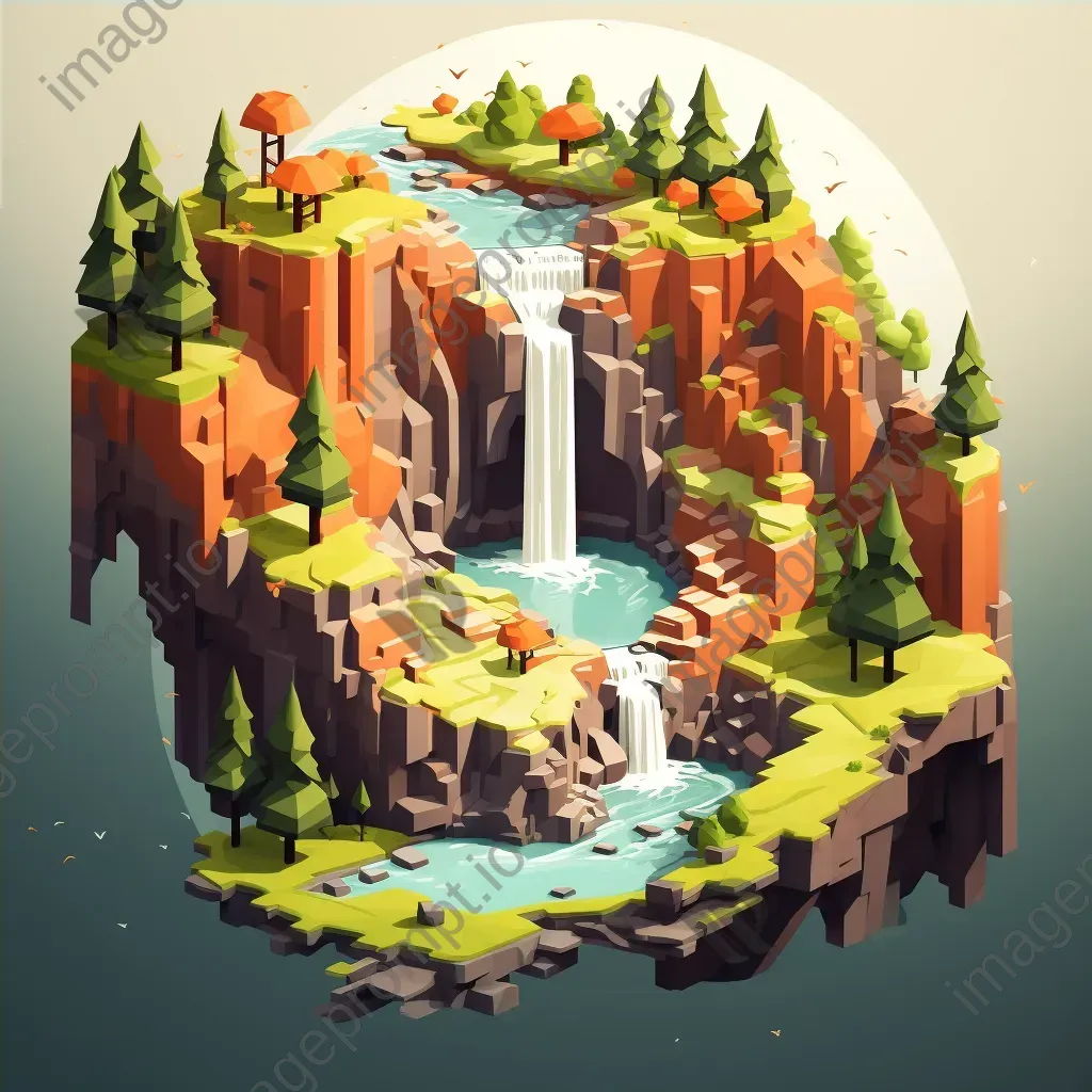 Isometric view of a low poly waterfall landscape with steep cliffs and vibrant foliage - Image 4