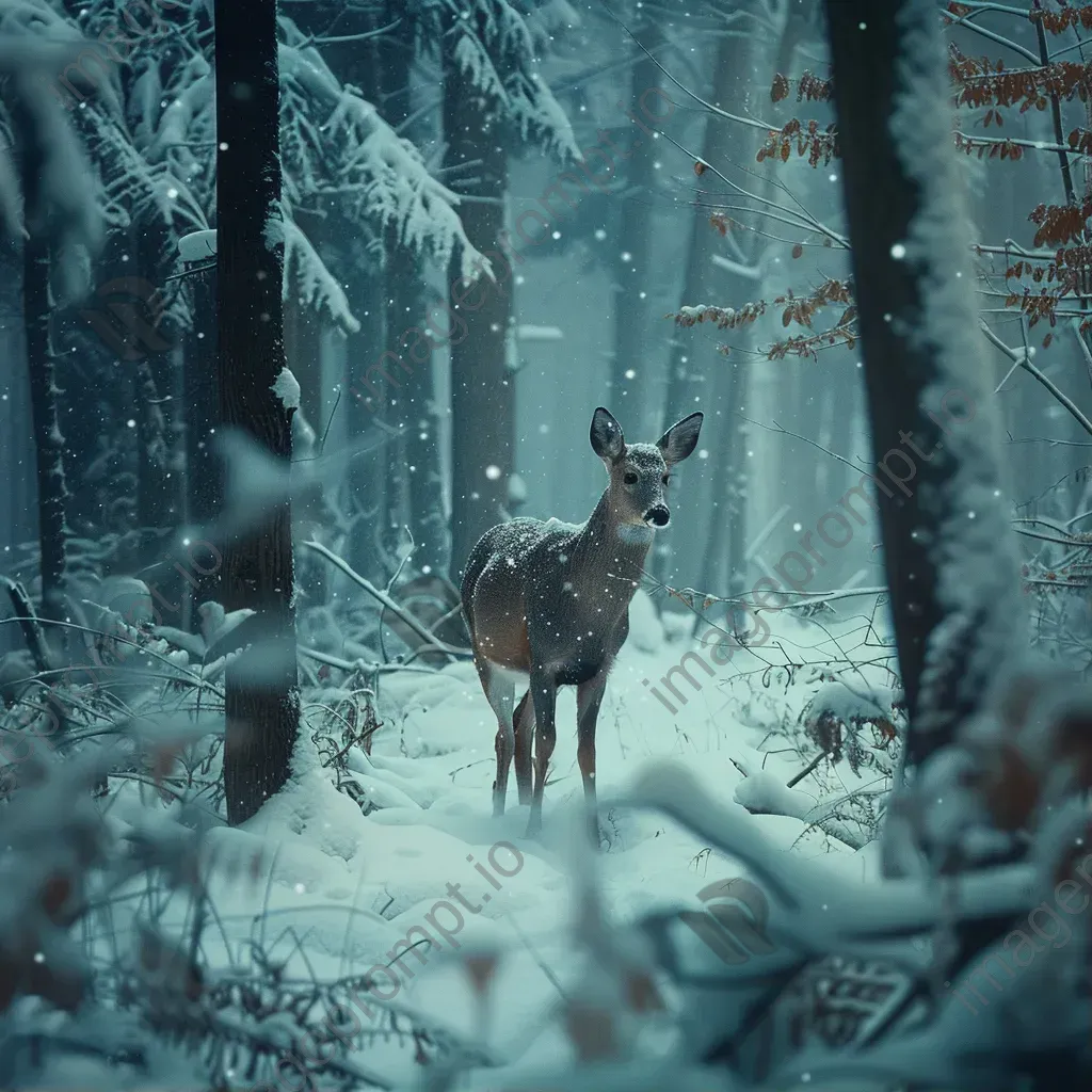 Aerial view of snowy forest with deer in winter - Image 1