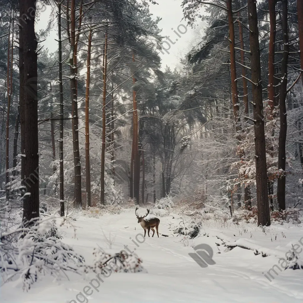 Aerial view of snowy forest with deer in winter - Image 2