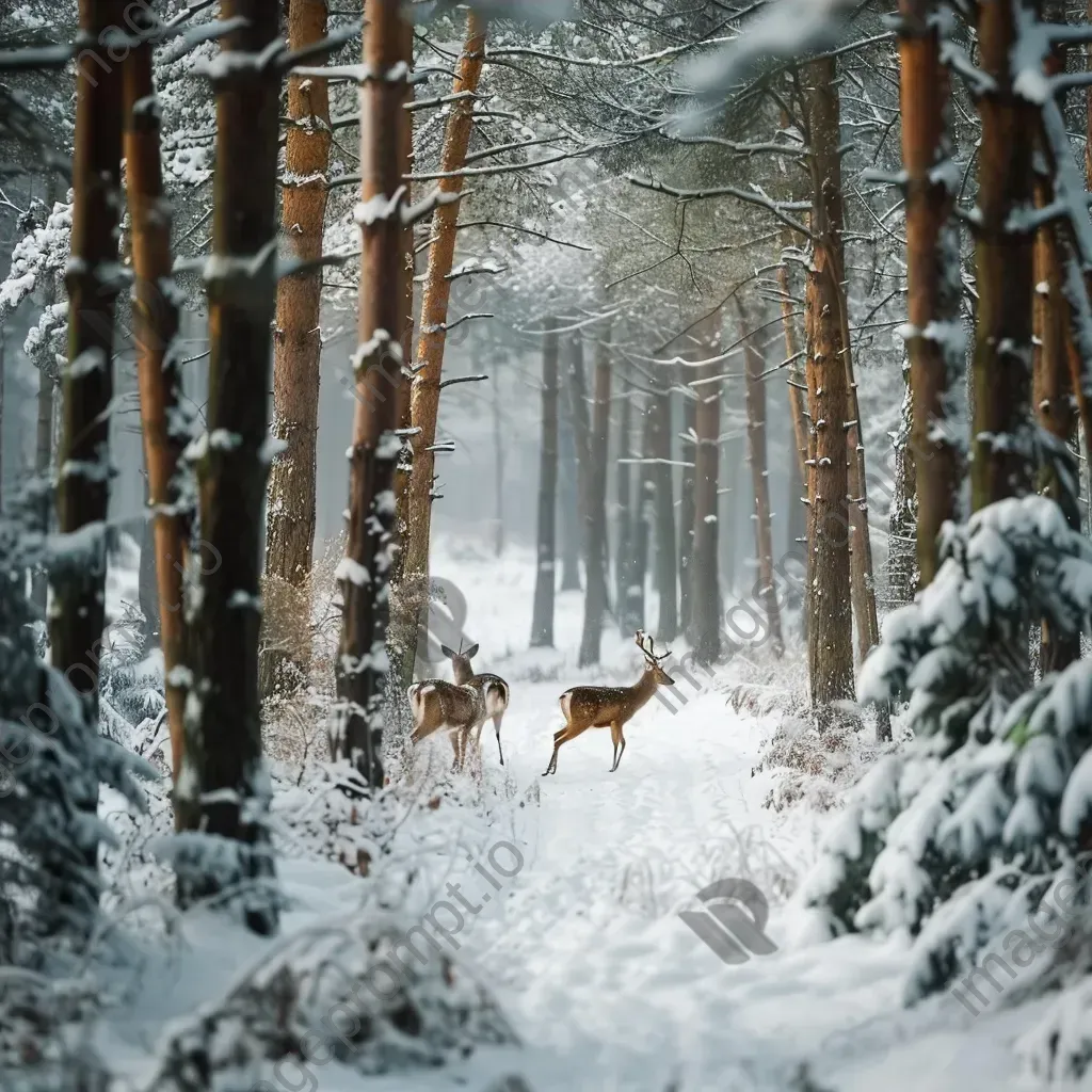 Aerial view of snowy forest with deer in winter - Image 4