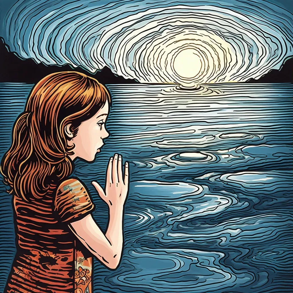 Image of a young girl touching a mirror-like lake surface with prophetic ripples - Image 3