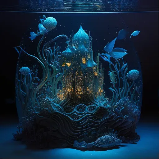 Underwater city glowing with bioluminescent light in deep darkness - Image 1