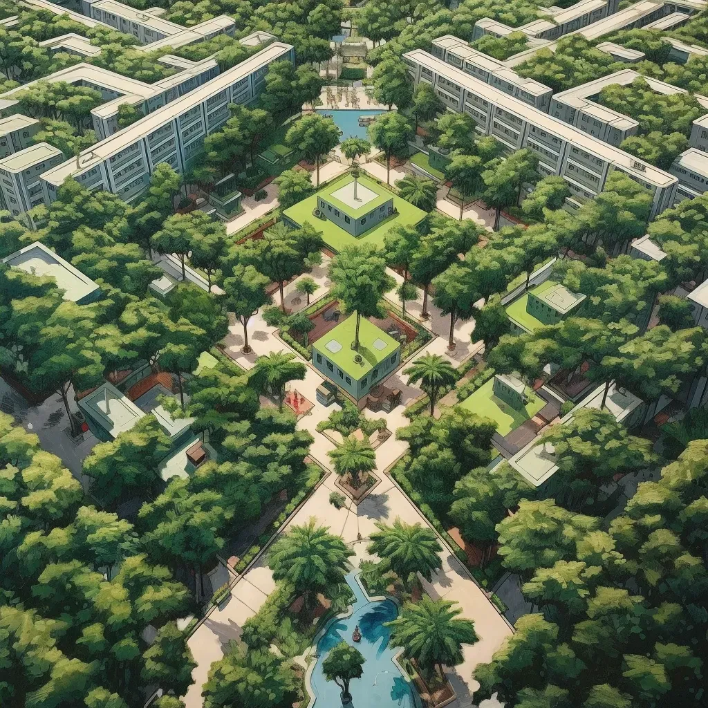 Overhead view of a geometrically planned urban park at midday - Image 4