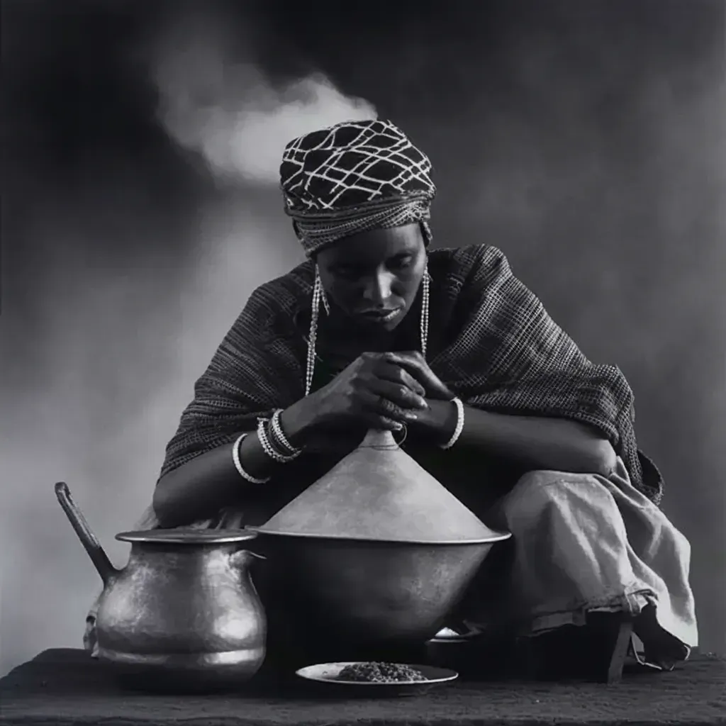 Illustration of a traditional Ethiopian coffee ceremony with a woman roasting coffee beans over a small fire - Image 2