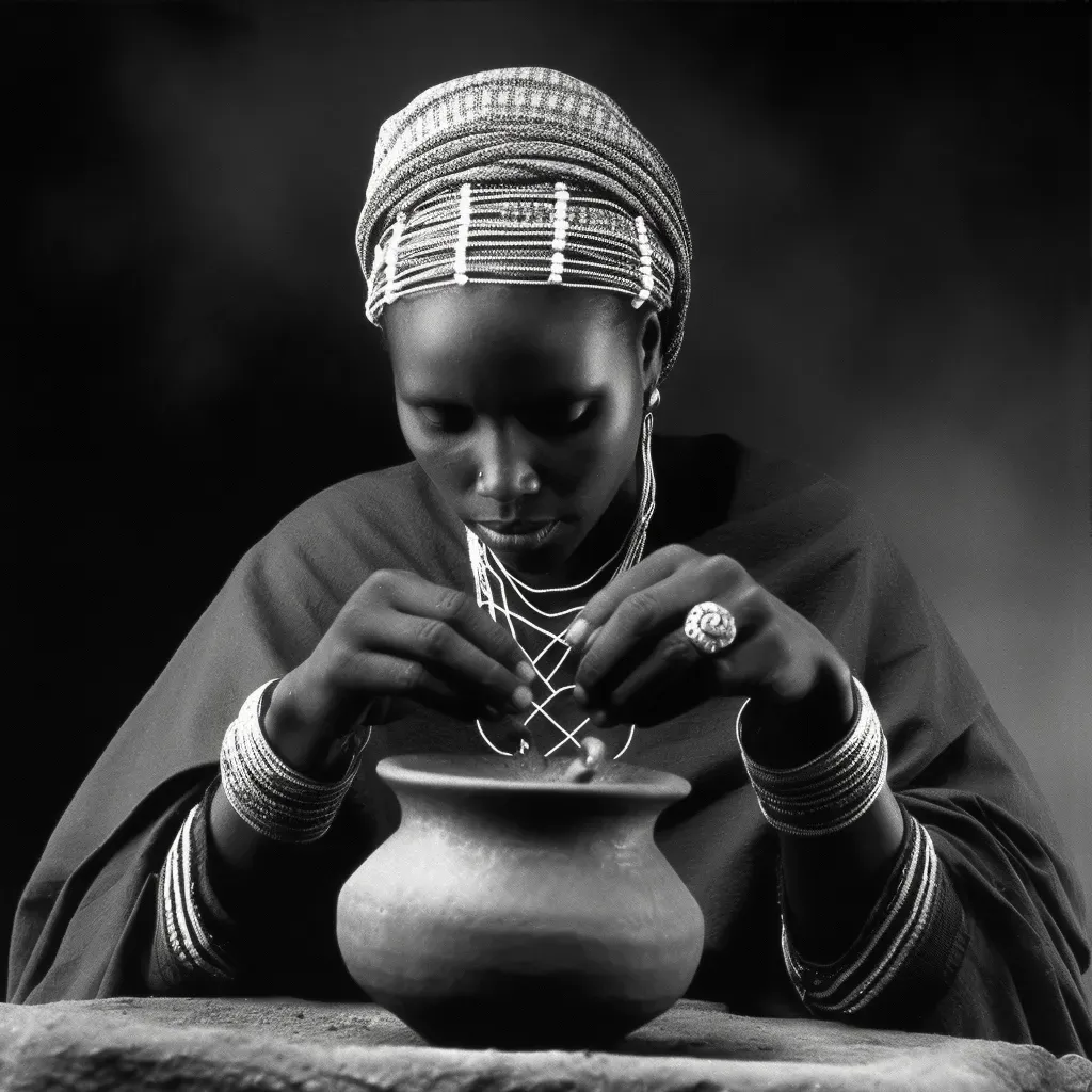 Illustration of a traditional Ethiopian coffee ceremony with a woman roasting coffee beans over a small fire - Image 3