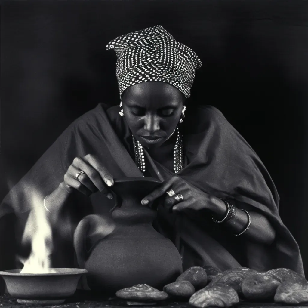 Illustration of a traditional Ethiopian coffee ceremony with a woman roasting coffee beans over a small fire - Image 4