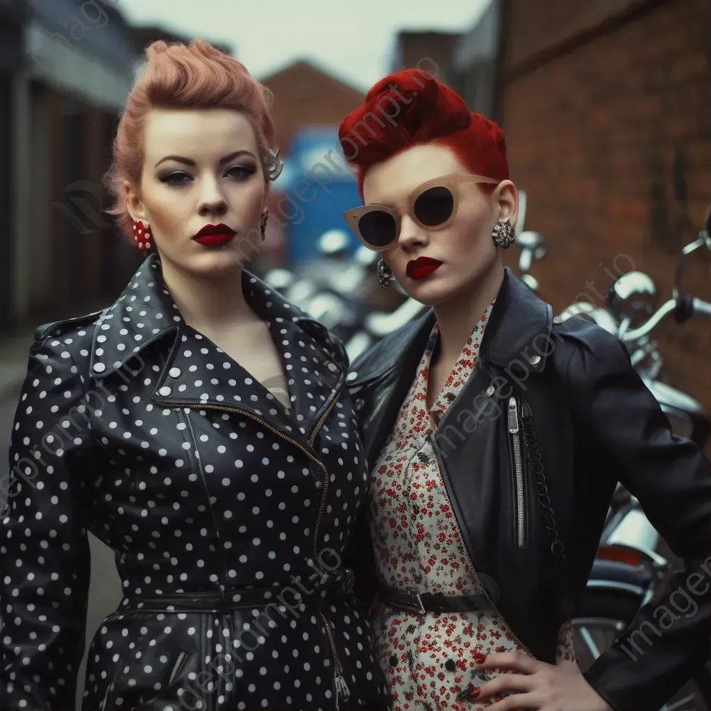 1950s rockabilly fashion polka dot dresses and leather jackets - Image 1