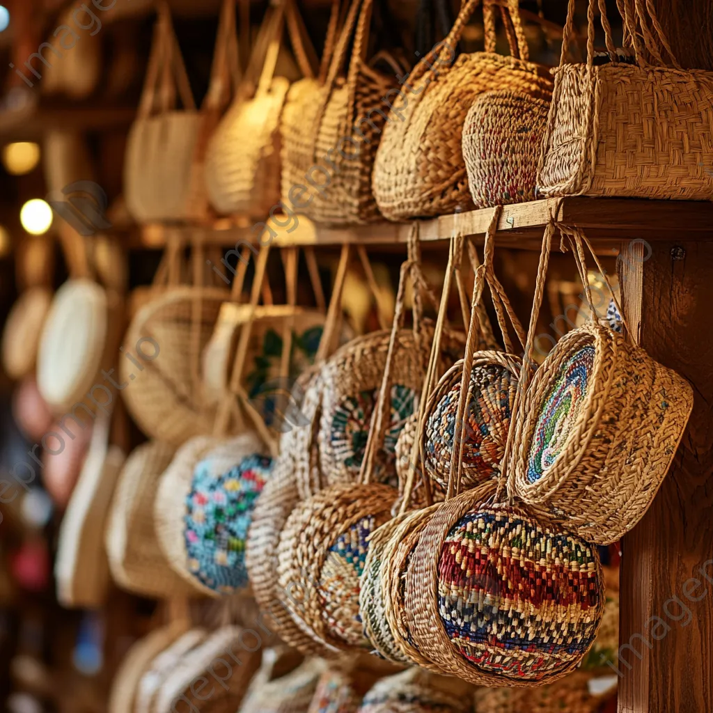 Assorted woven baskets displayed on wooden rack - Image 2