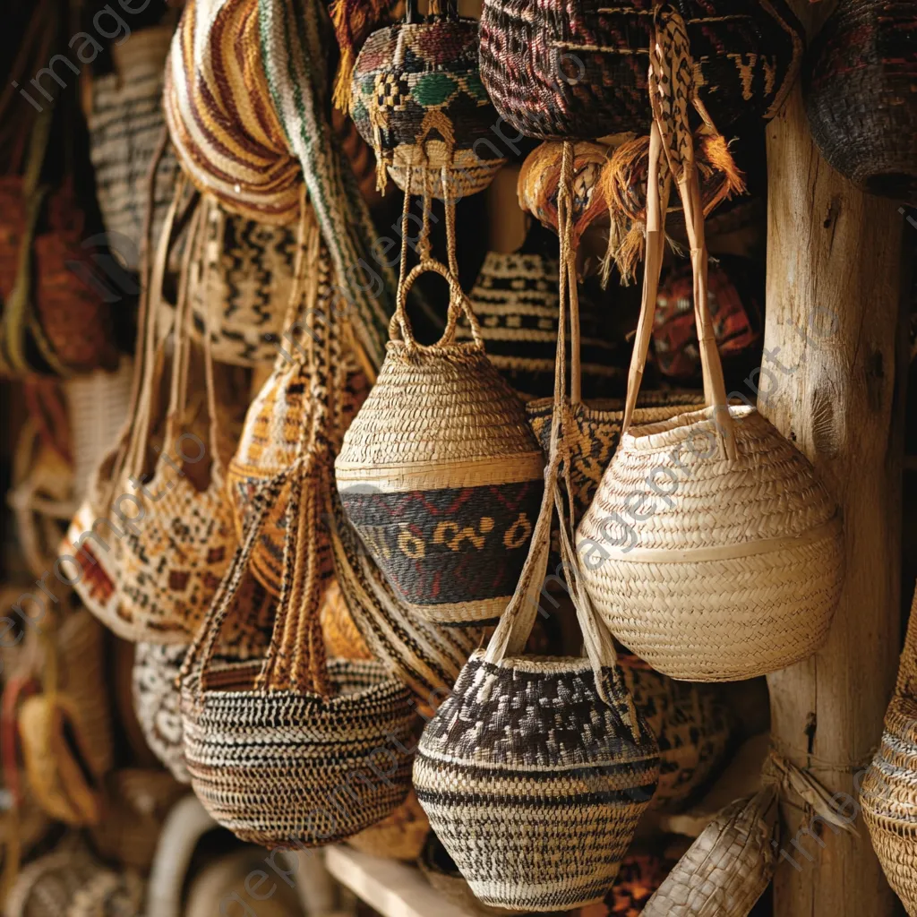 Assorted woven baskets displayed on wooden rack - Image 4