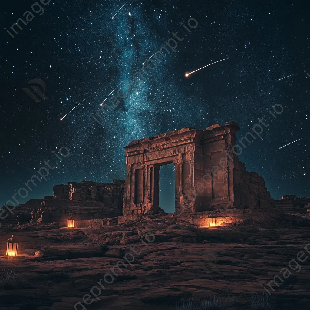 Shooting stars over ancient desert ruins illuminated by lantern light. - Image 1