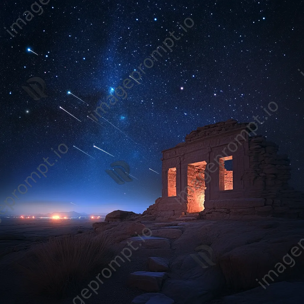 Shooting stars over ancient desert ruins illuminated by lantern light. - Image 2