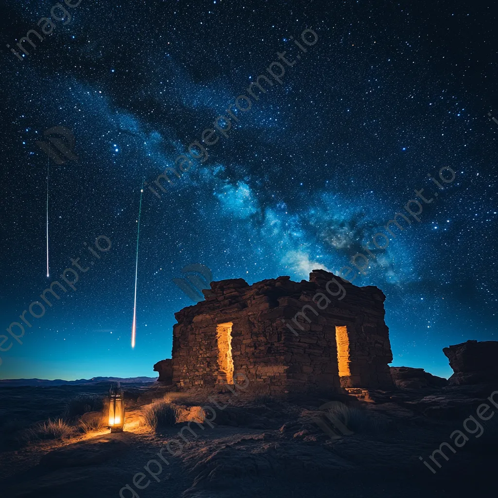 Shooting stars over ancient desert ruins illuminated by lantern light. - Image 3