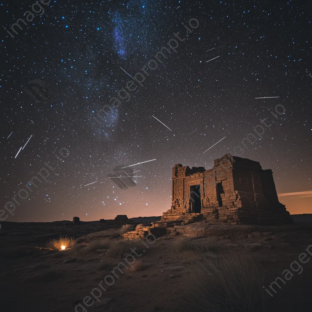 Shooting stars over ancient desert ruins illuminated by lantern light. - Image 4