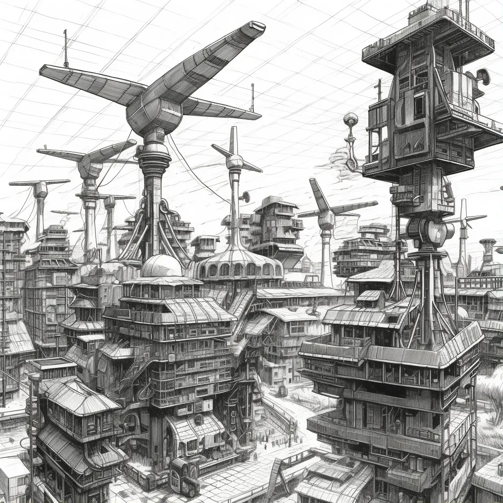 Schematic drawing of a futuristic city with renewable energy sources - Image 1