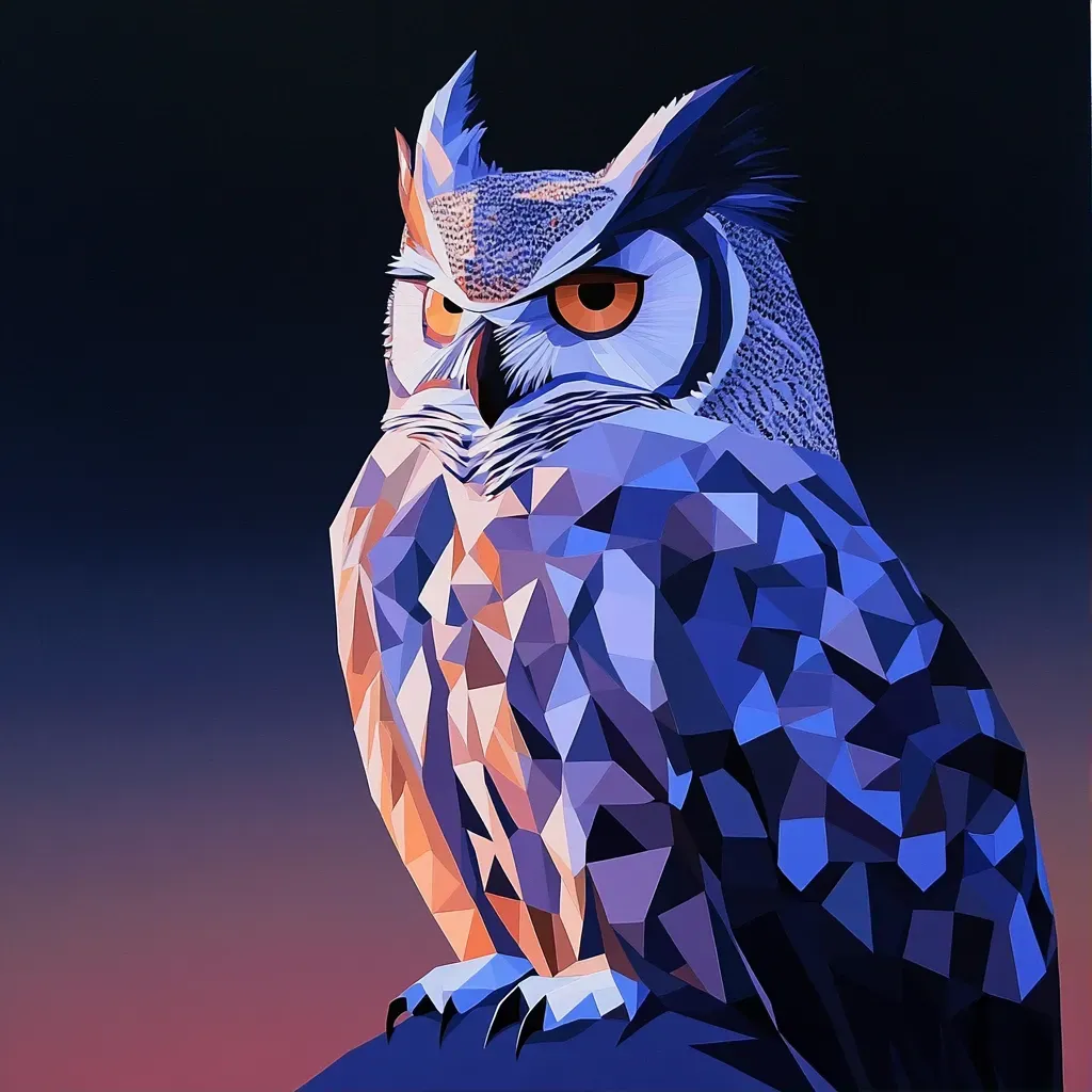 Geometric low poly owl under twinkling twilight, with chiaroscuro effects - Image 1