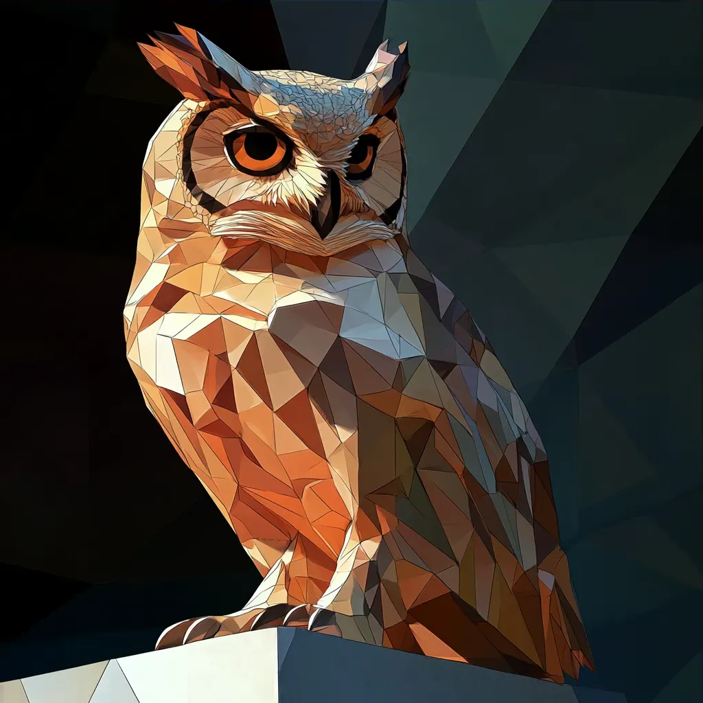 Geometric low poly owl under twinkling twilight, with chiaroscuro effects - Image 3