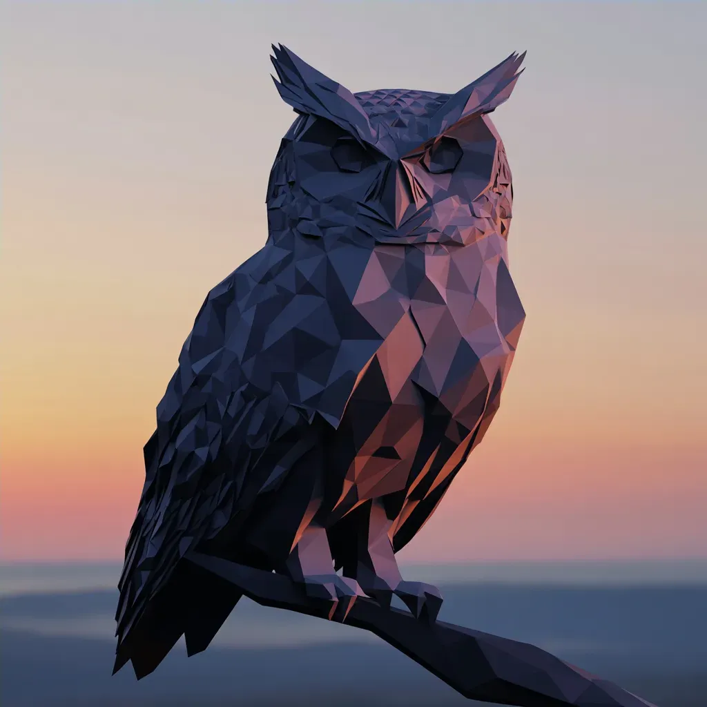 Geometric low poly owl under twinkling twilight, with chiaroscuro effects - Image 4