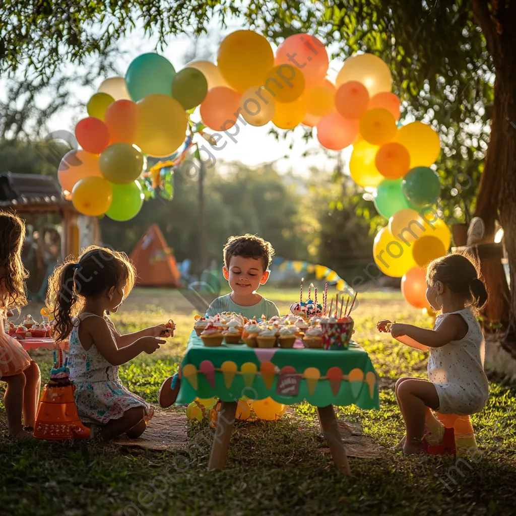 Children celebrating outdoors under a balloon arch during a birthday party. - Image 1