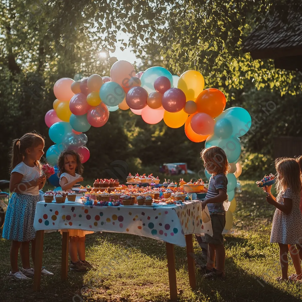 Children celebrating outdoors under a balloon arch during a birthday party. - Image 2