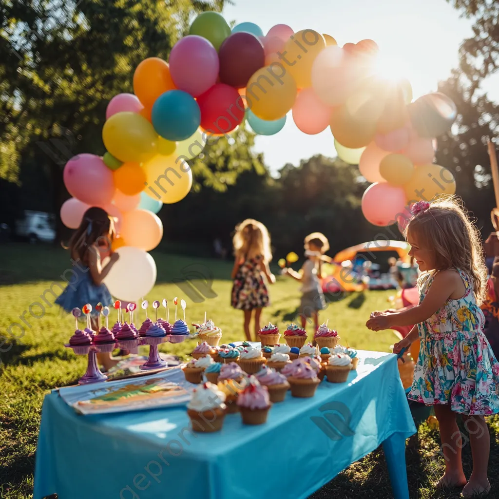 Children celebrating outdoors under a balloon arch during a birthday party. - Image 3