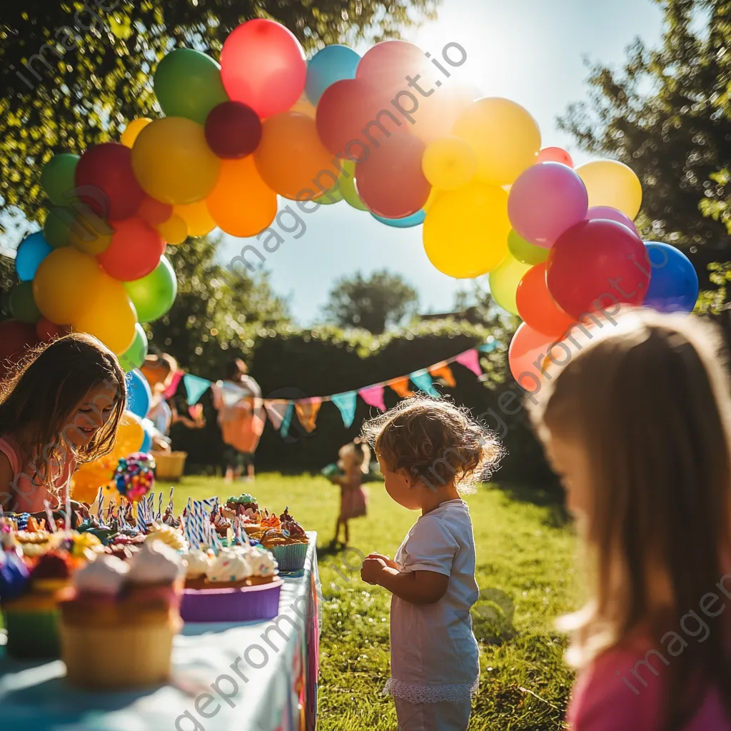 Children celebrating outdoors under a balloon arch during a birthday party. - Image 4