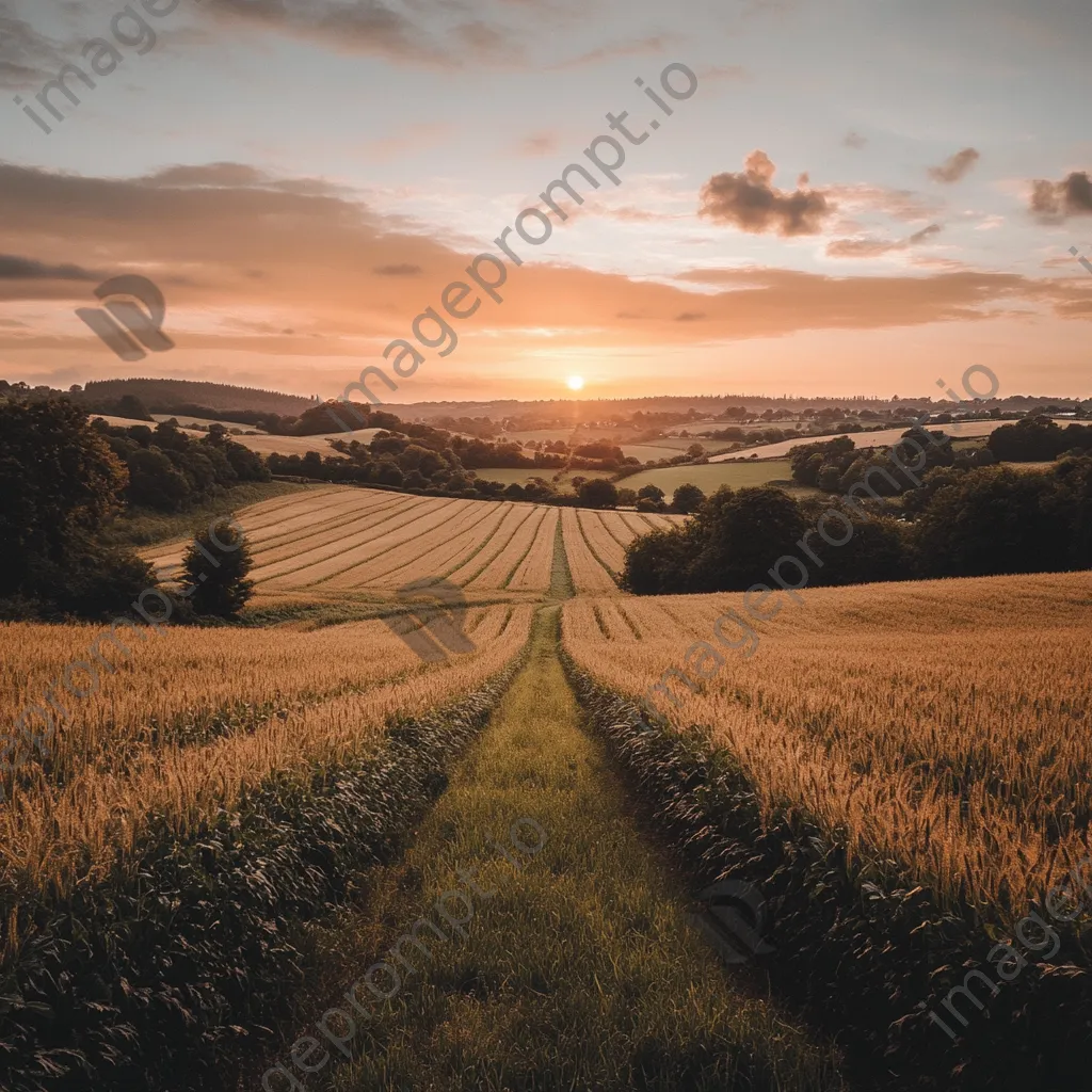 Organic farm field during sunset with crops stretching towards the horizon. - Image 1