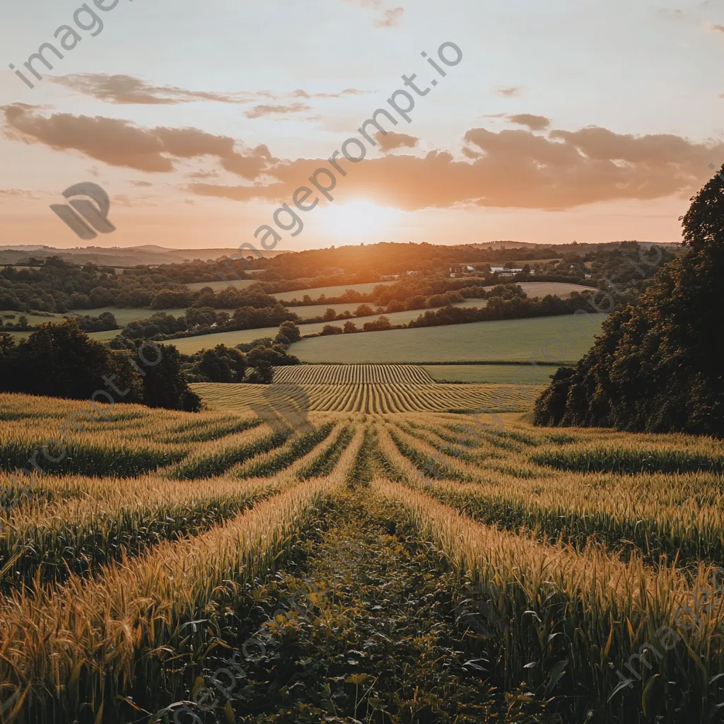 Organic farm field during sunset with crops stretching towards the horizon. - Image 2