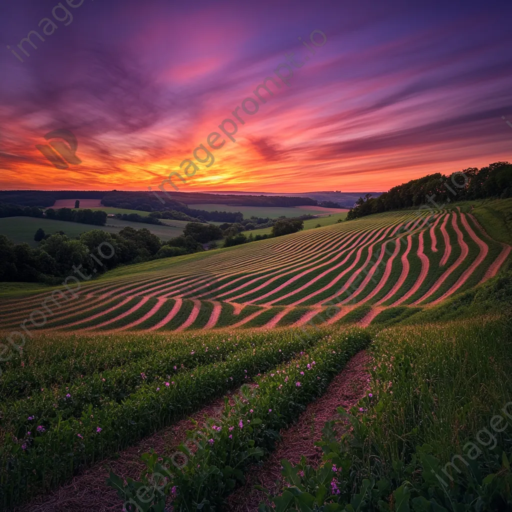 Organic farm field during sunset with crops stretching towards the horizon. - Image 3