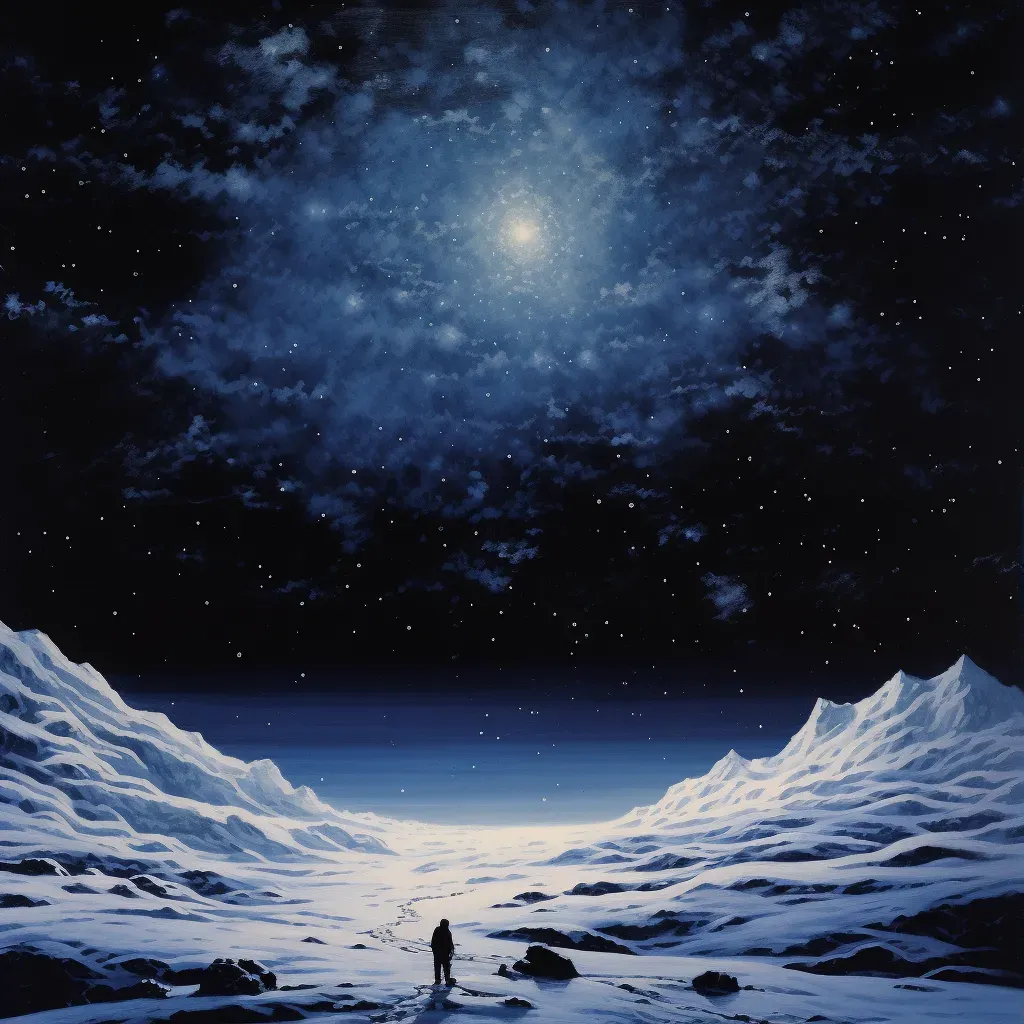 Solitary figure standing on a snow-covered peak under a starry winter night - Image 1