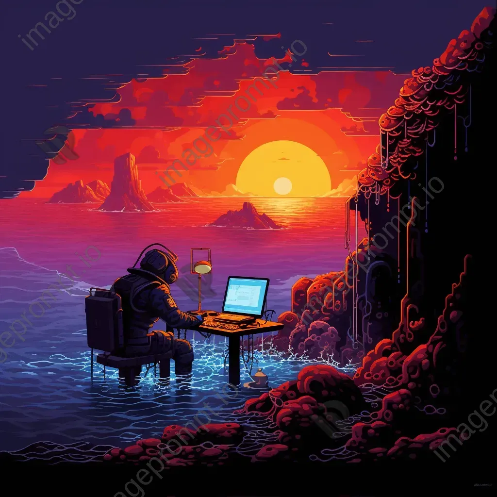 Robotic deep-sea exploration of a glowing volcano in pixel-art style - Image 1