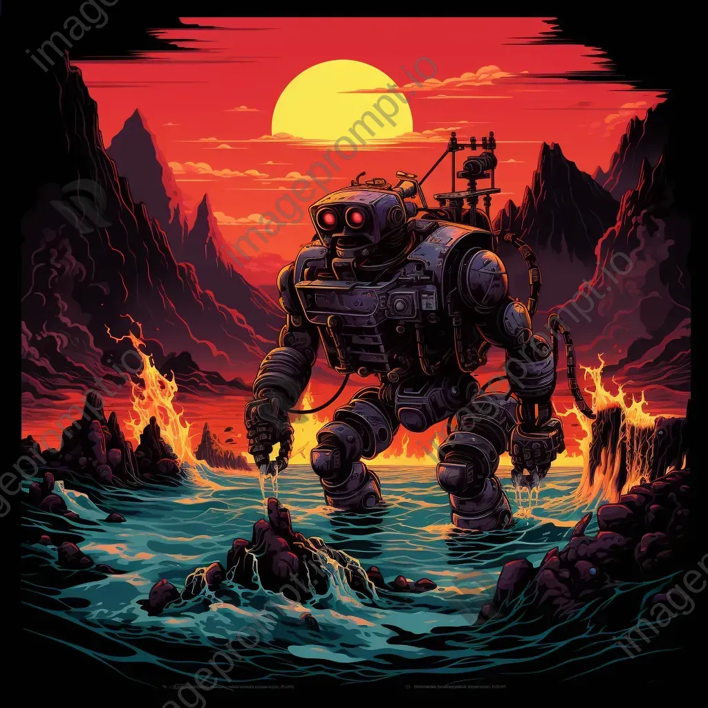 Robotic deep-sea exploration of a glowing volcano in pixel-art style - Image 2