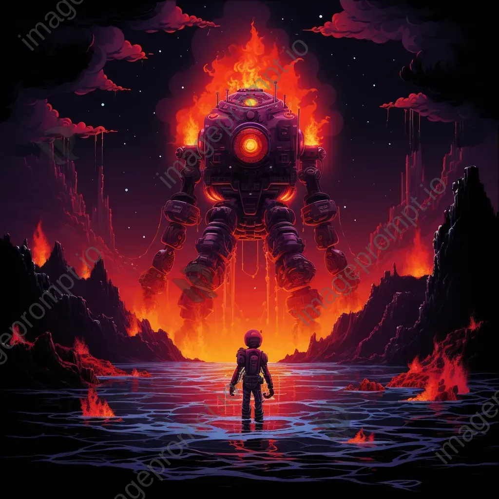 Robotic deep-sea exploration of a glowing volcano in pixel-art style - Image 3