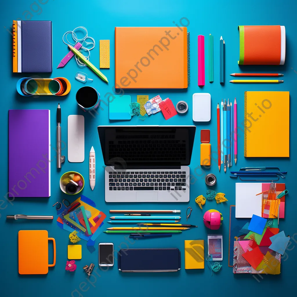 Vibrant desk with assorted office supplies and a tablet arranged harmoniously - Image 1