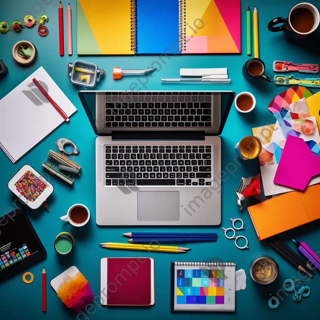 Vibrant desk with assorted office supplies and a tablet arranged harmoniously - Image 2