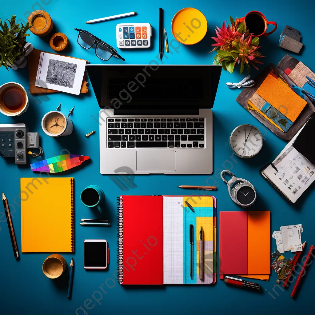 Vibrant desk with assorted office supplies and a tablet arranged harmoniously - Image 3