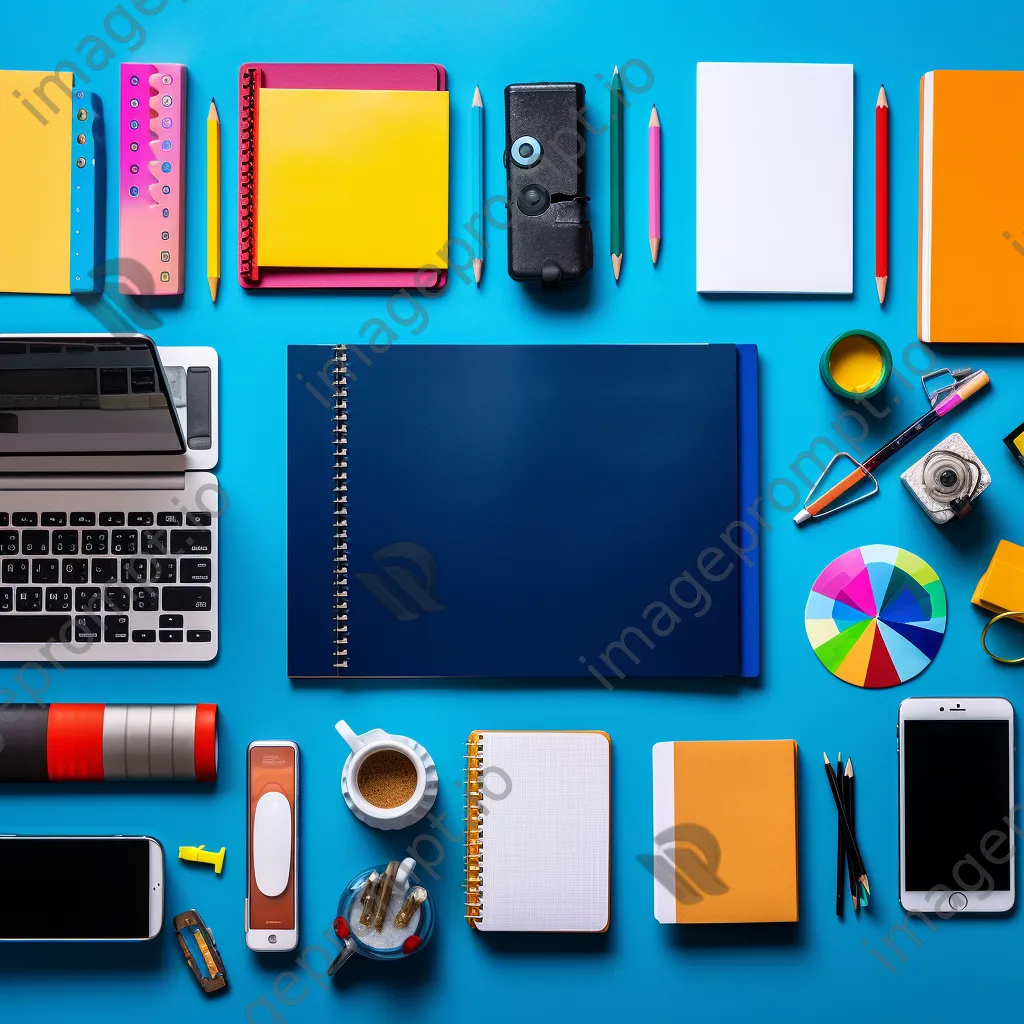 Vibrant desk with assorted office supplies and a tablet arranged harmoniously - Image 4