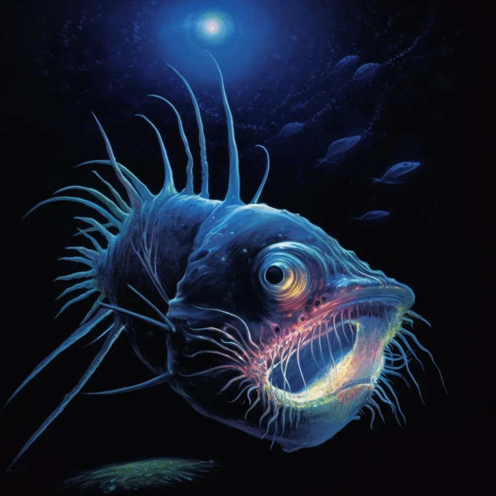 Deep-sea anglerfish luring prey with bioluminescent light in dark depths - Image 1