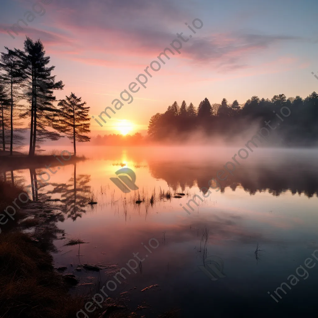 Misty lake reflecting fog and sunrise colors - Image 1