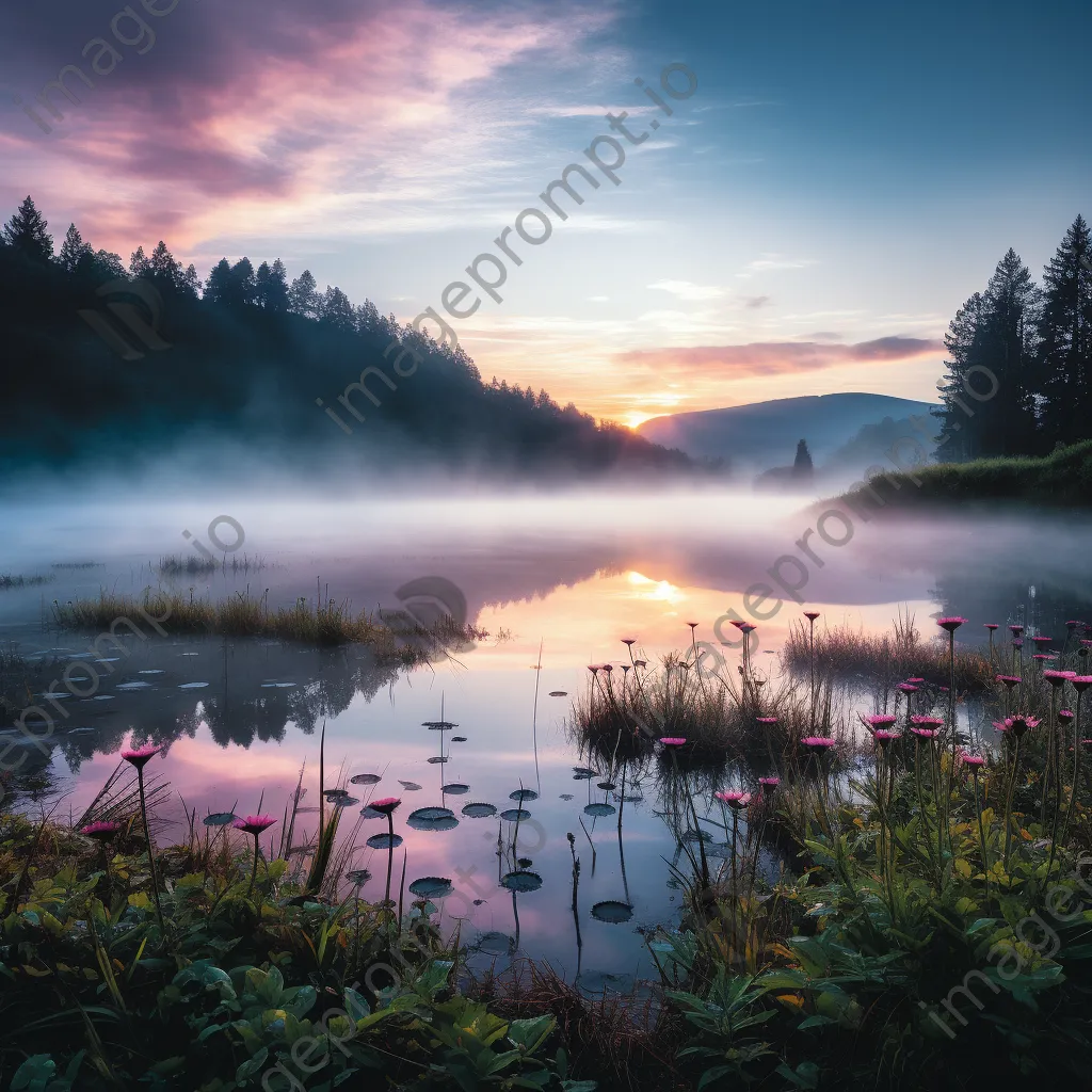 Misty lake reflecting fog and sunrise colors - Image 2