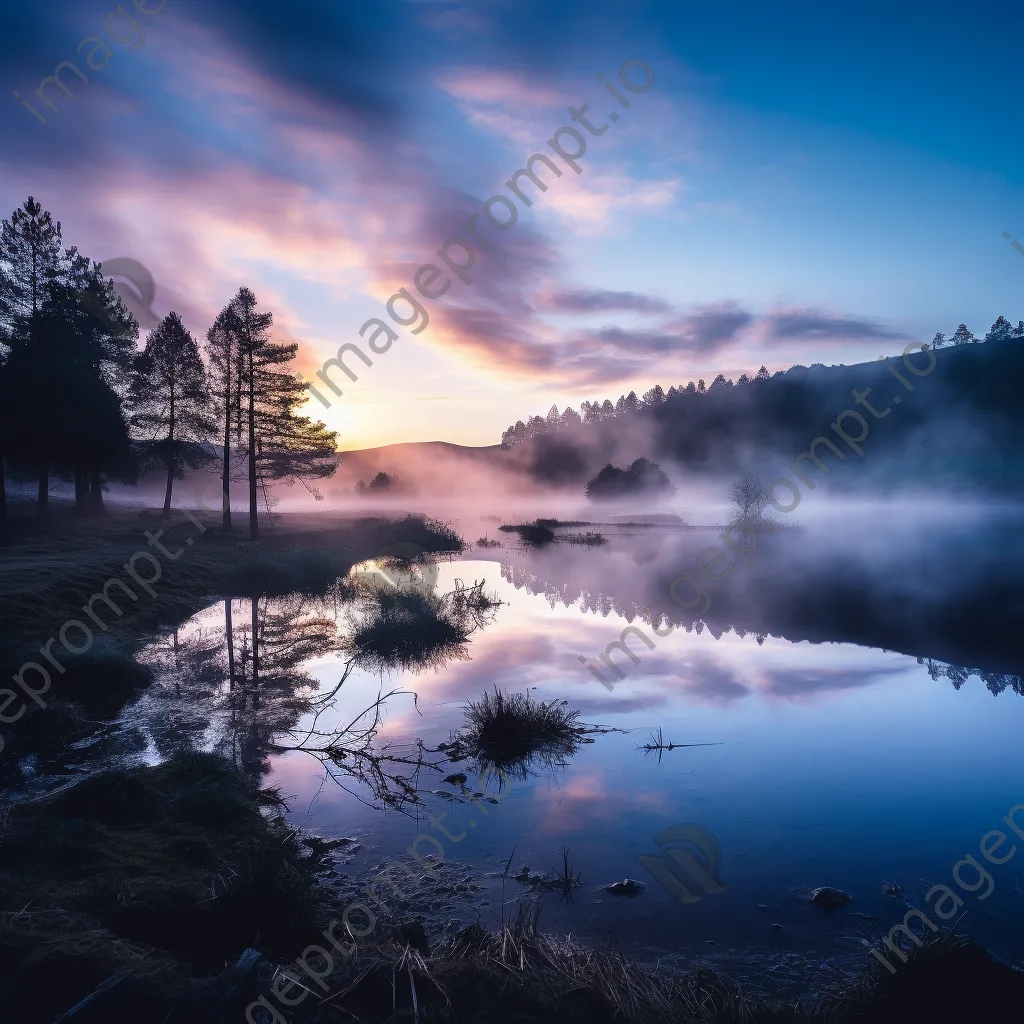 Misty lake reflecting fog and sunrise colors - Image 3