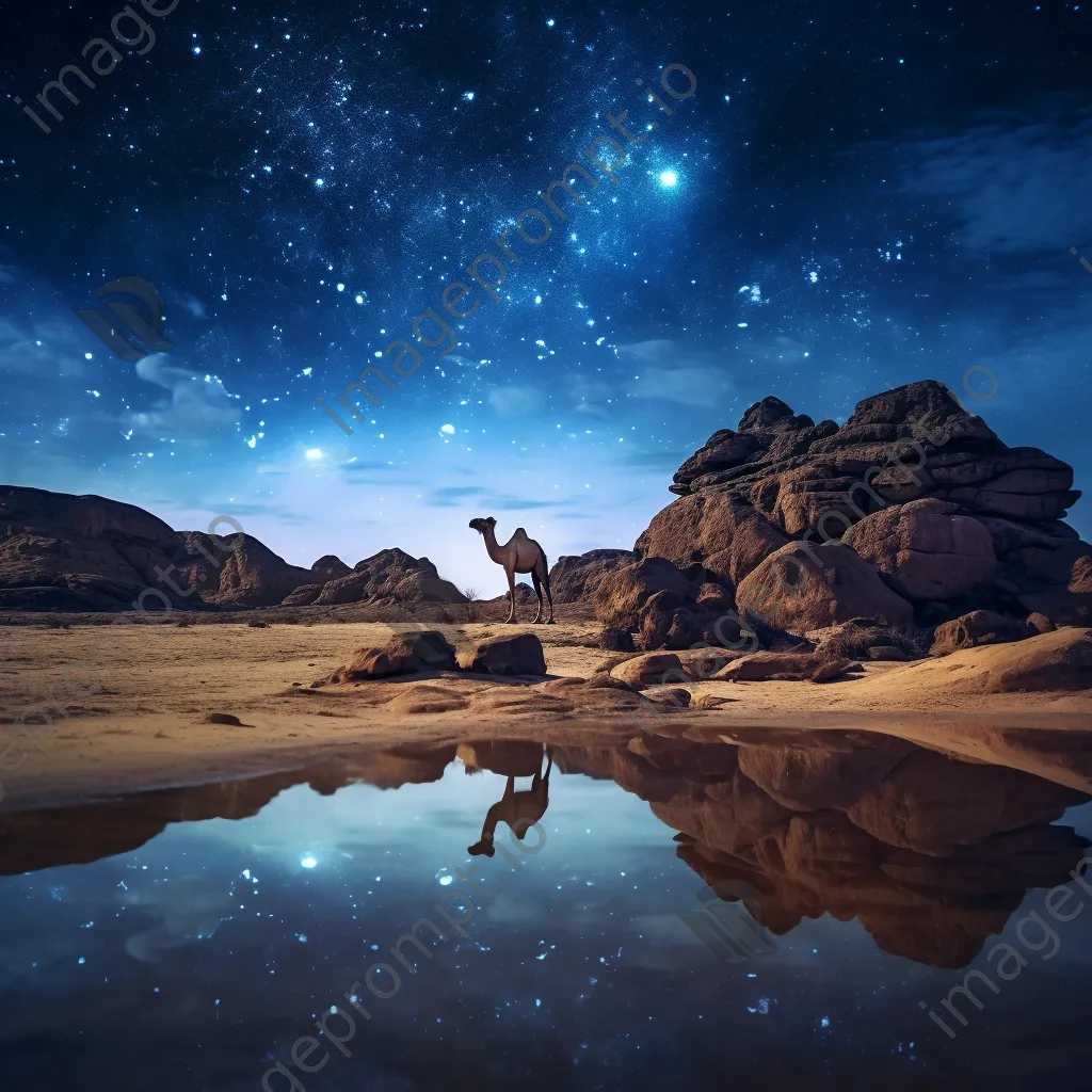 Lone desert camel silhouetted against a starry night sky. - Image 1