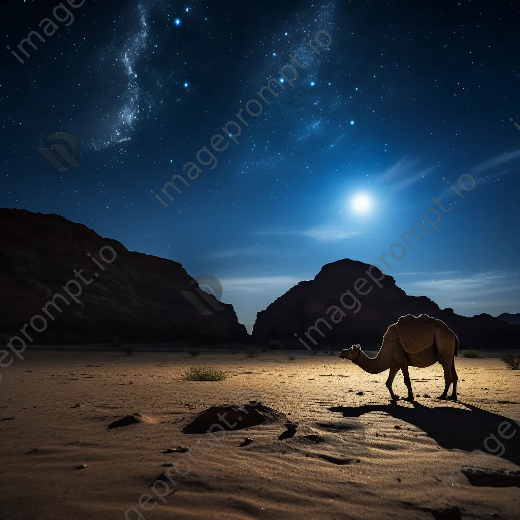 Lone desert camel silhouetted against a starry night sky. - Image 2