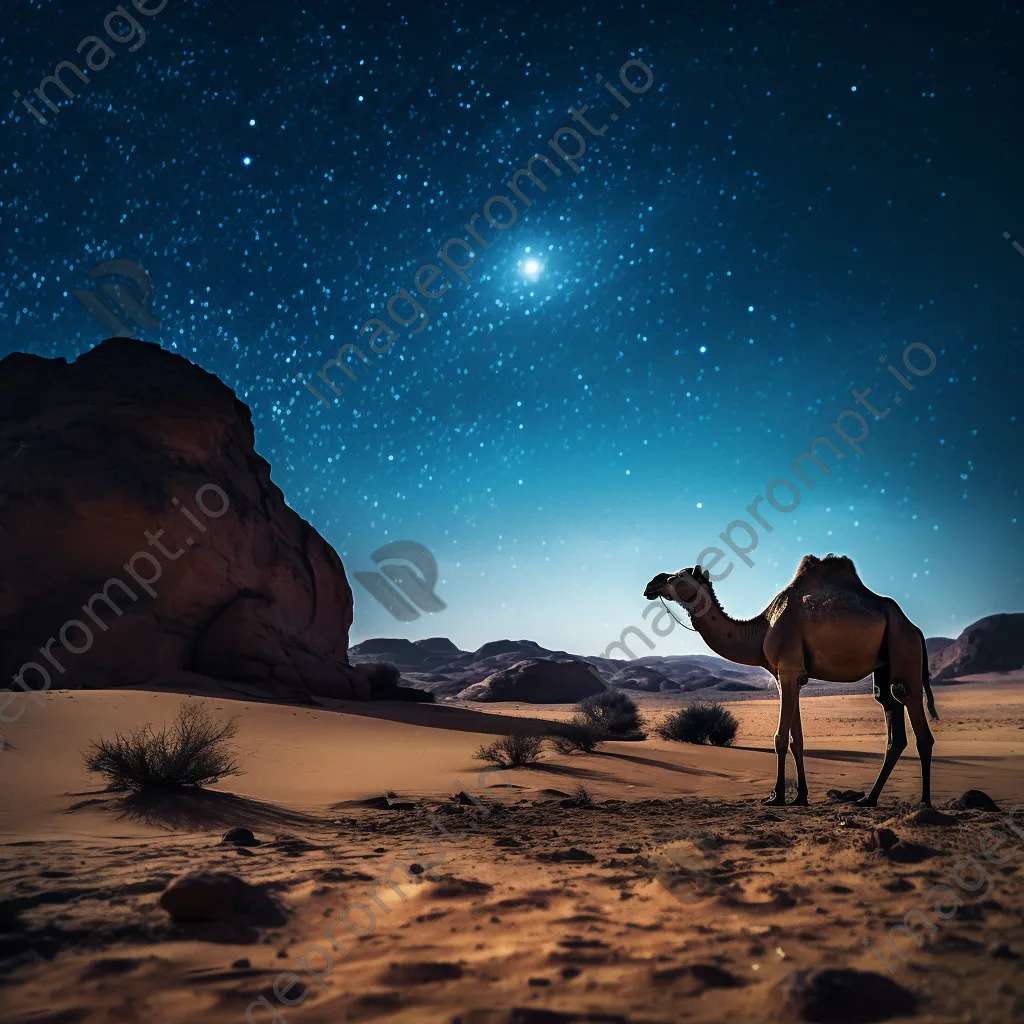 Lone desert camel silhouetted against a starry night sky. - Image 4