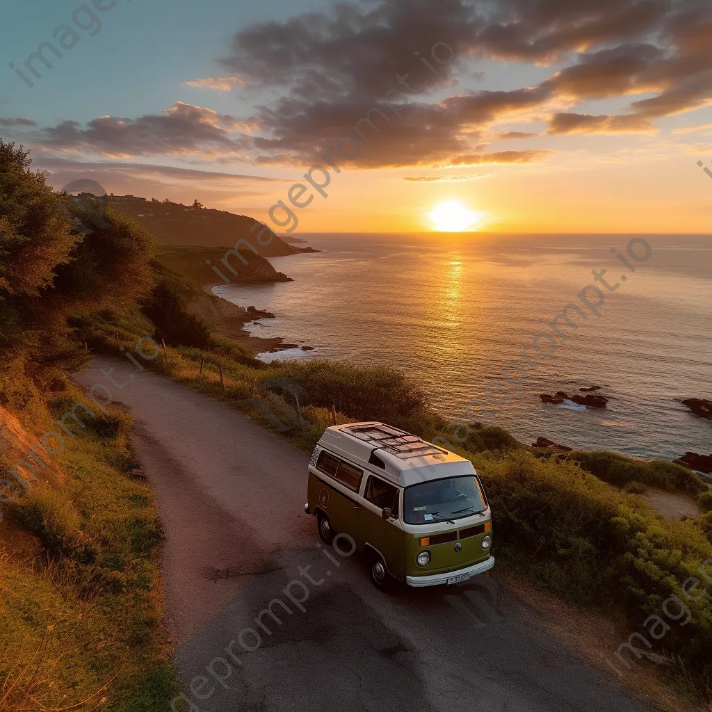 Silhouette of a retro van against a vibrant sunset over the ocean - Image 1