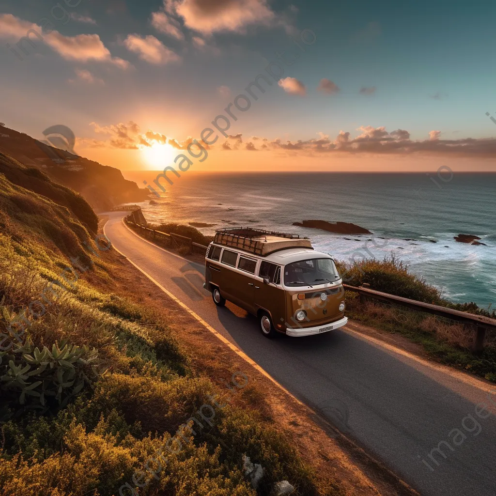 Silhouette of a retro van against a vibrant sunset over the ocean - Image 2