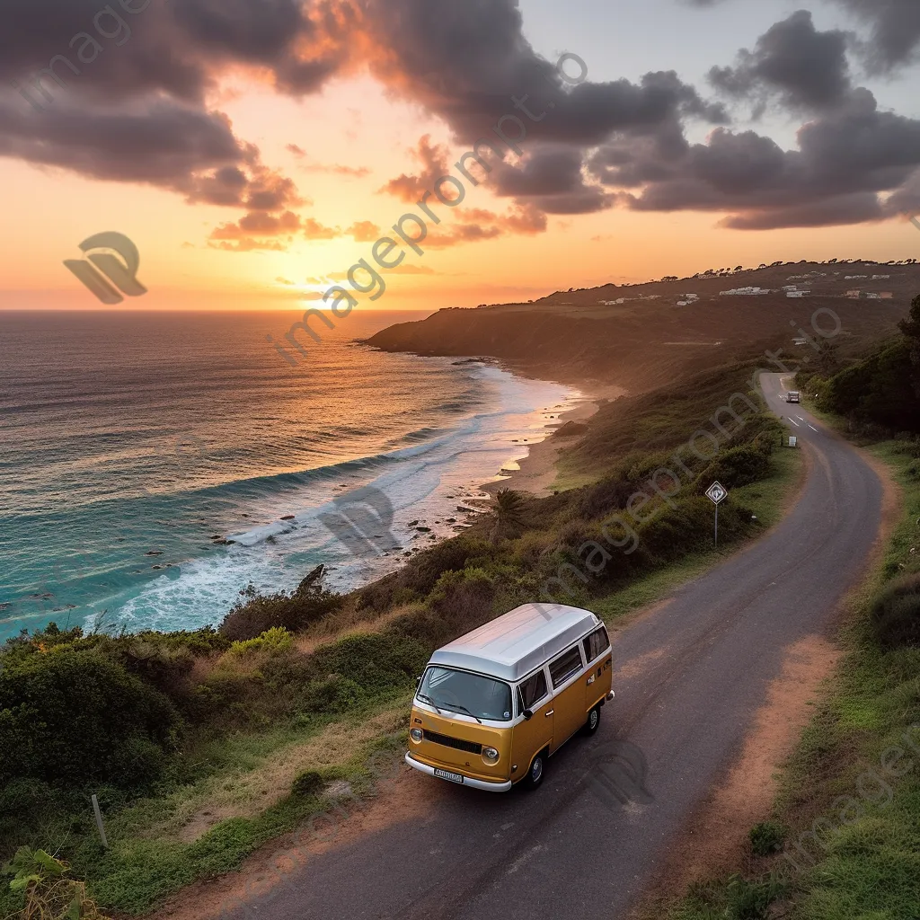 Silhouette of a retro van against a vibrant sunset over the ocean - Image 3