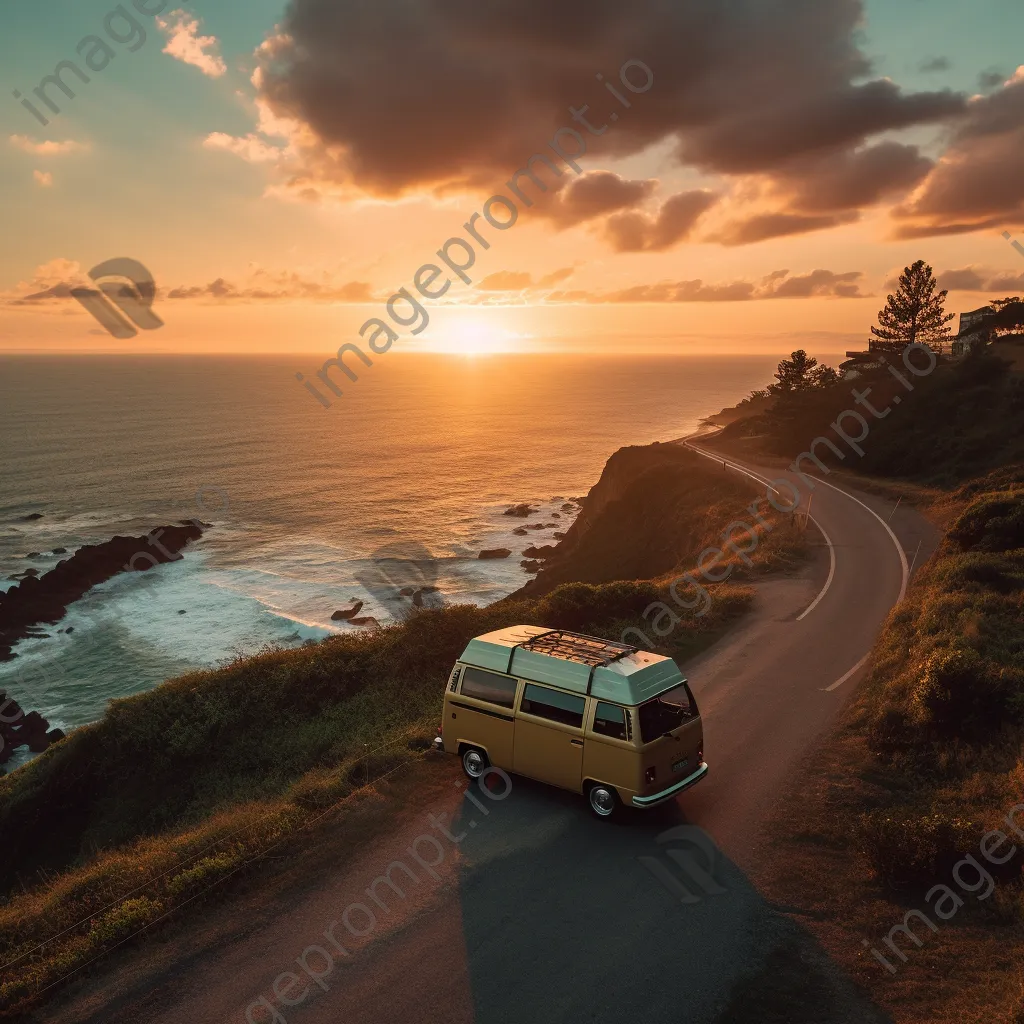 Silhouette of a retro van against a vibrant sunset over the ocean - Image 4